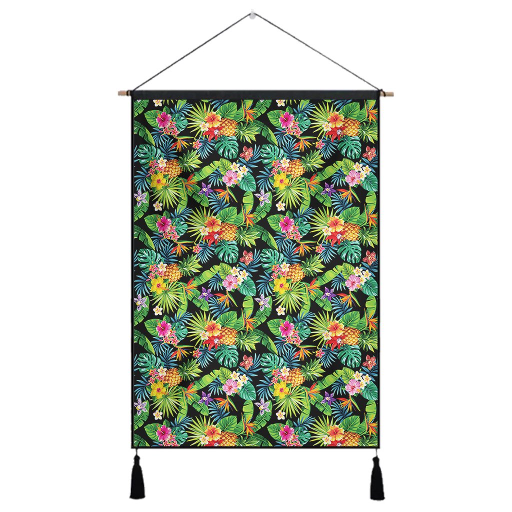 Tropical Pattern With Pineapples Palm Leaves And Flowers Hanging Poster - AH Hanging Poster 43 x 65 cm Cotton And Linen - Polynesian Pride