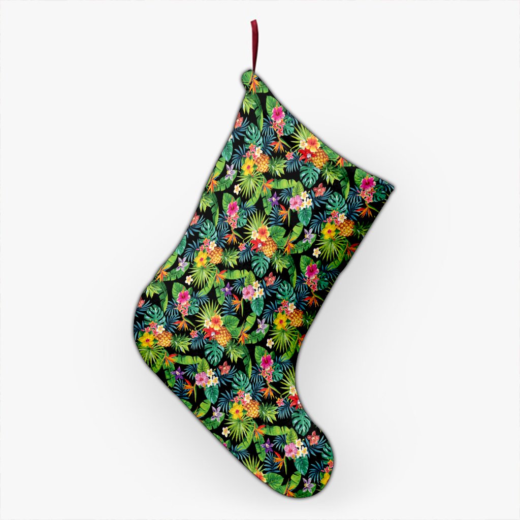 Tropical Pattern With Pineapples Palm Leaves And Flowers Christmas Stocking 26 X 42 cm Black Christmas Stocking - Polynesian Pride