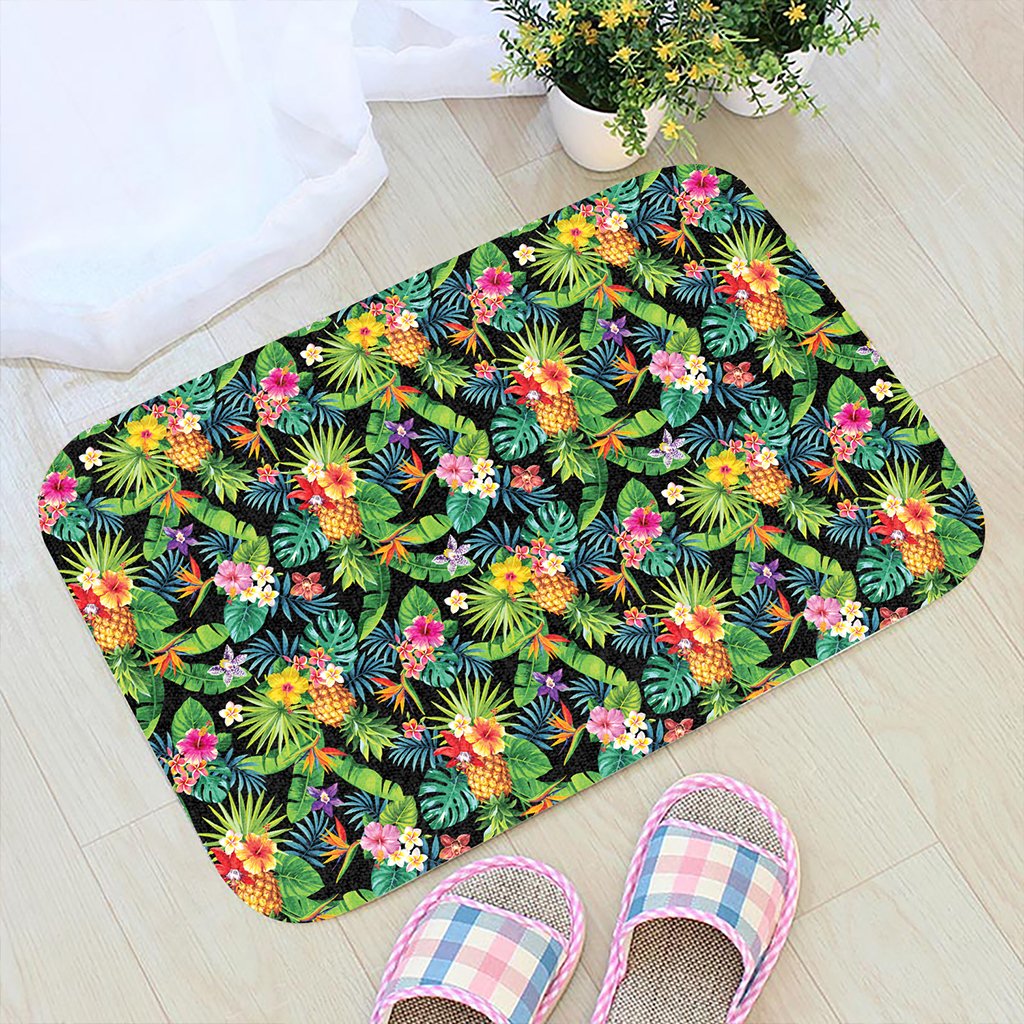 Tropical Pattern With Pineapples Palm Leaves And Flowers Hawaii Door Mat - Polynesian Pride