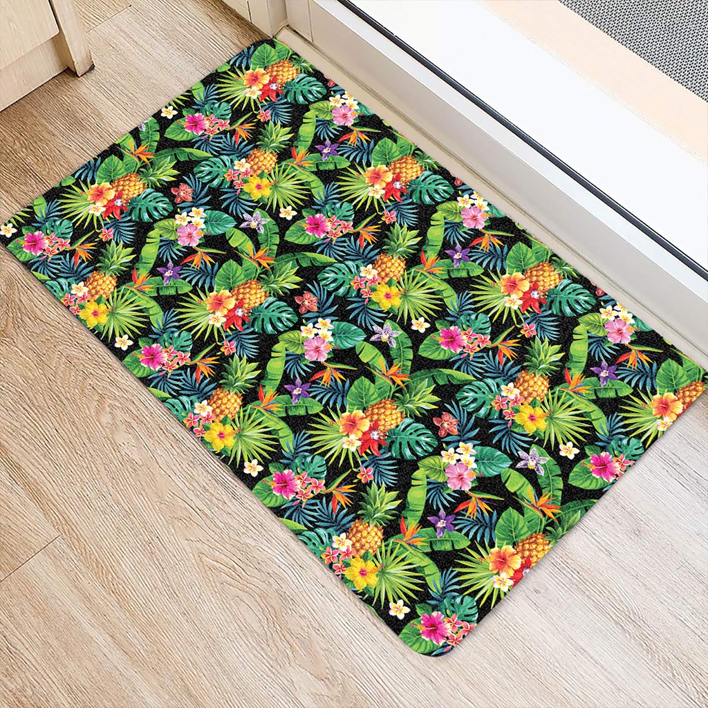 Tropical Pattern With Pineapples Palm Leaves And Flowers Hawaii Door Mat - Polynesian Pride