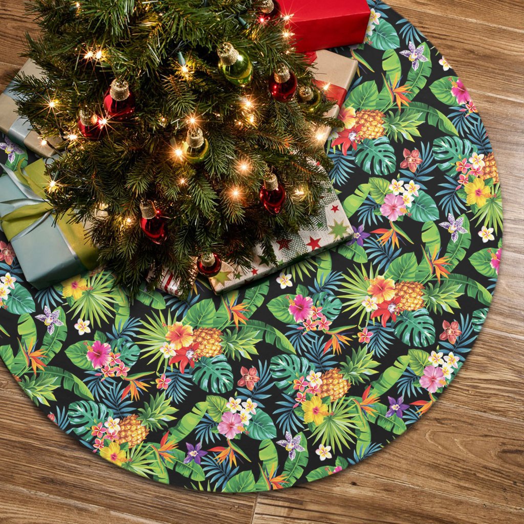 Tropical Pattern With Pineapples Palm Leaves And Flowers Tree Skirt - Polynesian Pride