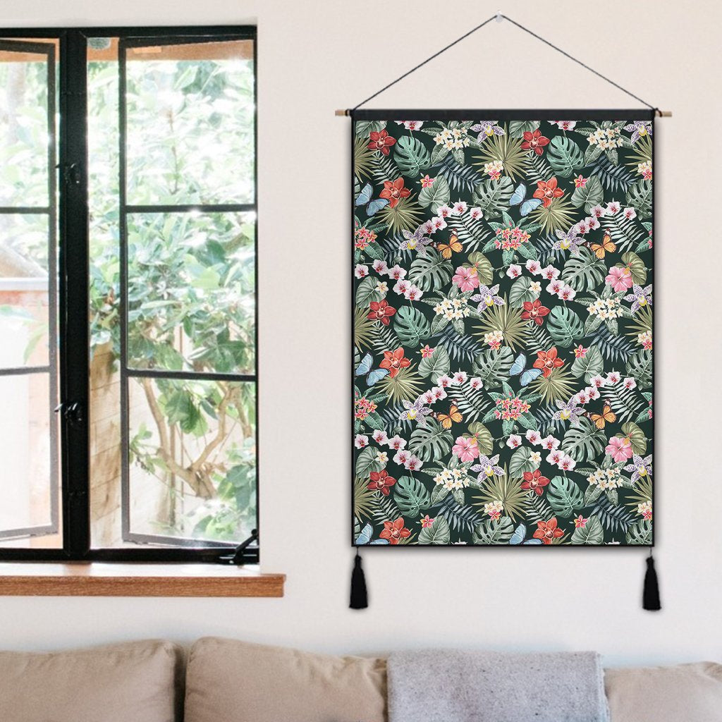 Tropical Plumeria Pattern With Palm Leaves Hanging Poster - AH Hanging Poster 50 x 75 cm Cotton And Linen - Polynesian Pride