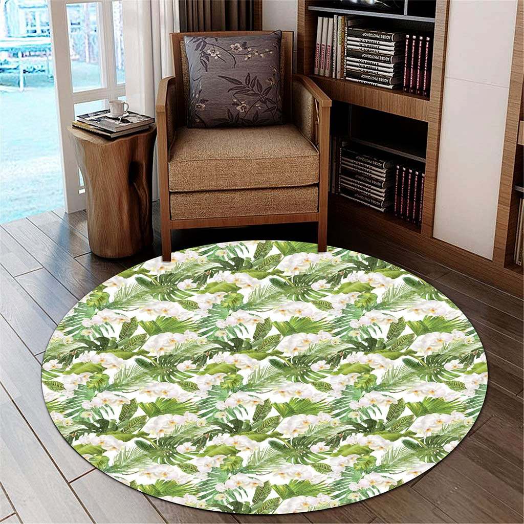 Tropical Plumeria White Round Carpet - AH Round Carpet Luxurious Plush - Polynesian Pride