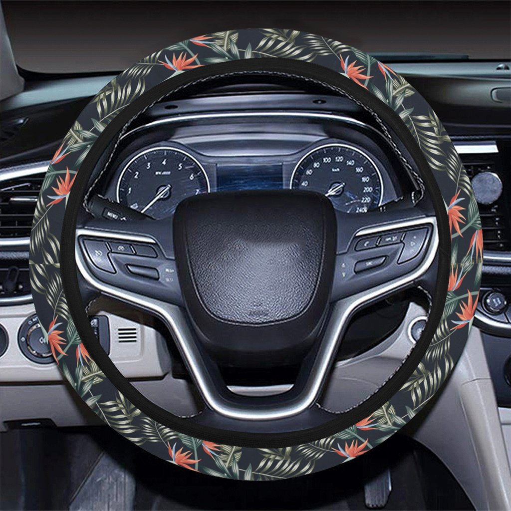 Tropical Strelitzia Black Hawaii Universal Steering Wheel Cover with Elastic Edge - Polynesian Pride