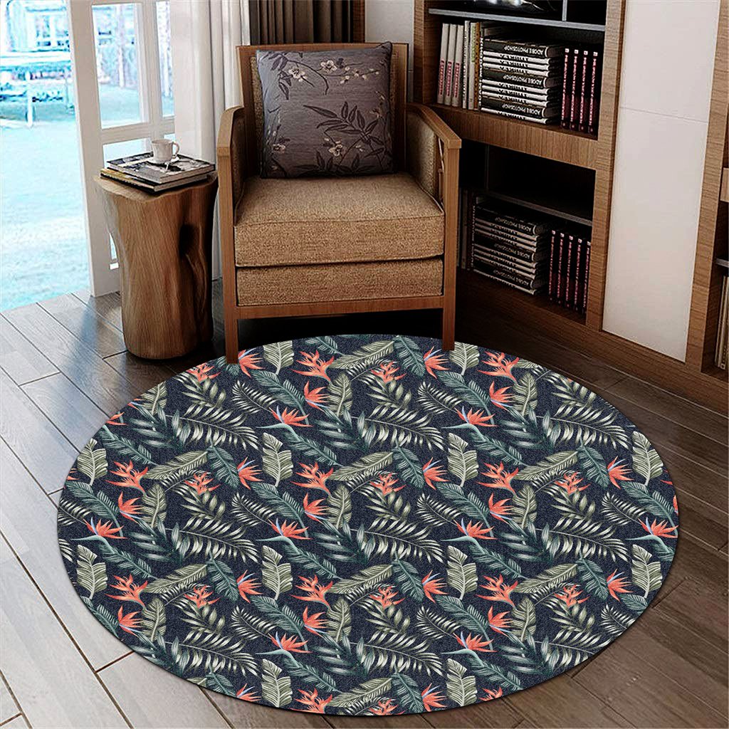 Tropical Strelitzia Black Round Carpet - AH Round Carpet Luxurious Plush - Polynesian Pride