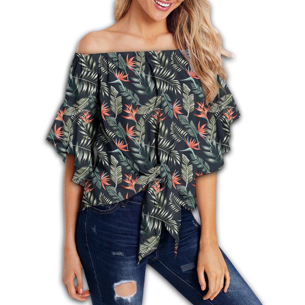 Tropical Strelitzia Black Women's Off Shoulder Wrap Waist Top - AH - Polynesian Pride