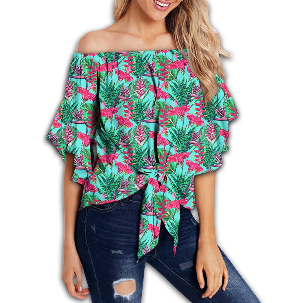 Tropical Strelitzia Blue Women's Off Shoulder Wrap Waist Top - AH - Polynesian Pride