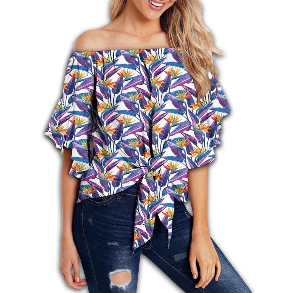 Tropical Strelitzia Women's Off Shoulder Wrap Waist Top - AH - Polynesian Pride