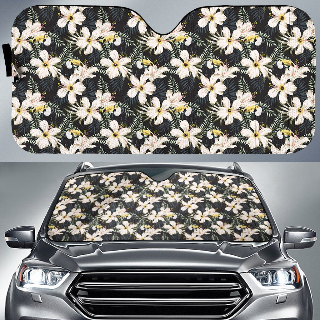 Tropical Toucans Hibiscus Palm Leaves Hawaii Car Sun Shade Auto Sun Shade Universal Fit White - Polynesian Pride