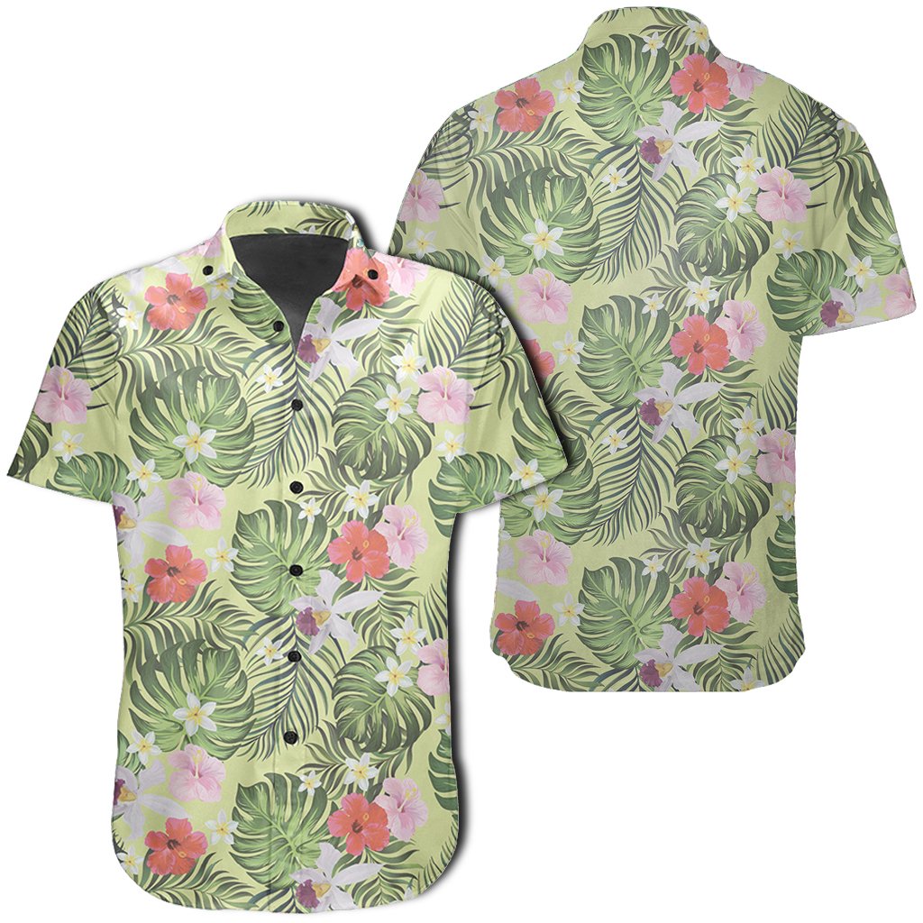 Hawaiian Shirt - Tropical Hibiscus, Plumeria Green Shirt Unisex Black - Polynesian Pride