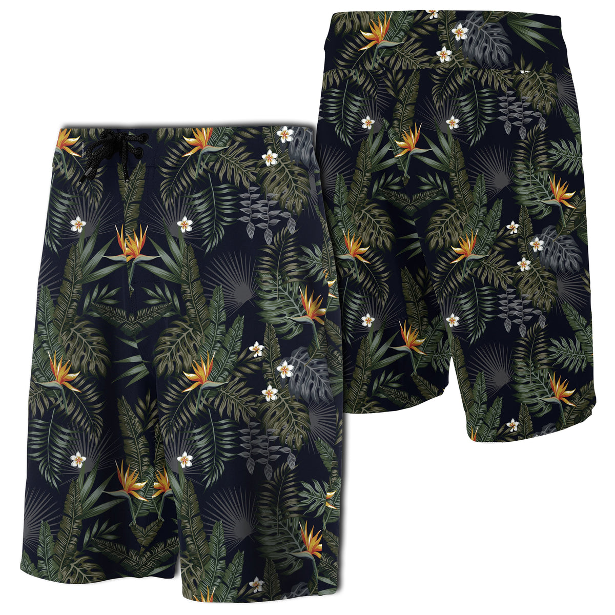 Tropical Leaves And Flowers In The Night Style Board Shorts Men Black - Polynesian Pride
