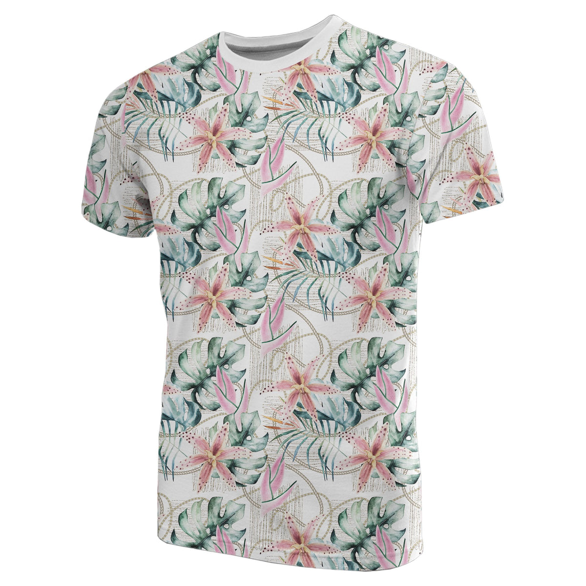 Hawaii Tropical Pattern With Orchids, Leaves and Gold Chains T Shirt - Polynesian Pride
