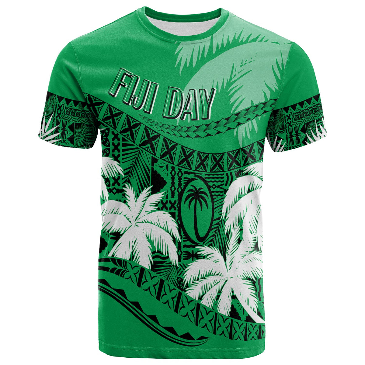 Custom Fiji Day T Shirt Flying Fijians Masi Kesa Style Green LT7 Green - Polynesian Pride