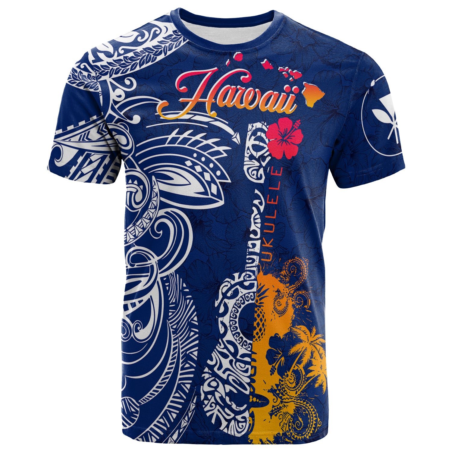 Hawaii Ukulele Unique Style T Shirt Hibiscus Pattern LT7 Unisex Blue - Polynesian Pride