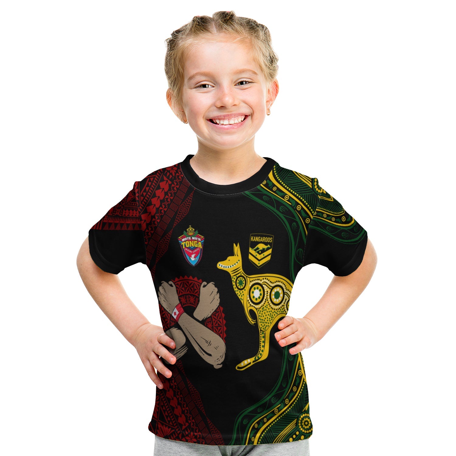 Personalised Aussie Kangaroos Mix Mate Maa Tonga T Shirt KID Aboriginal with Kupesi LT7 Youth XL Size14 - Polynesian Pride