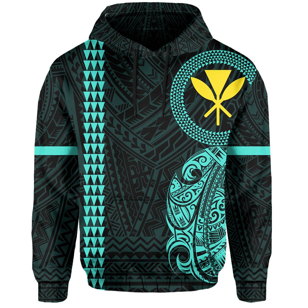 Polynesian Kakau Kanaka Flag of Hawaii Hoodie Turquoise - Polynesian Pride
