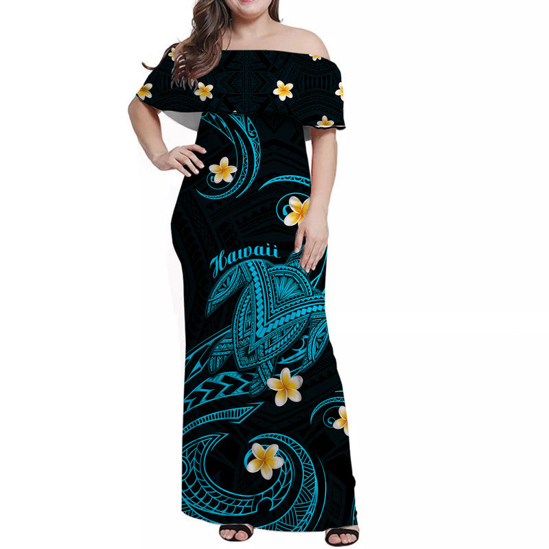 Hawaii Women Off Shoulder Long Dress Hawaiian Turtle Plumeria Mixed Polynesian Turquoise Style LT9 Women Turquoise - Polynesian Pride