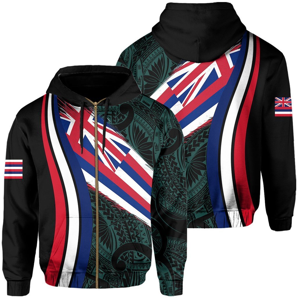 Hawaii Flag Polynesian Hoodie Zip Turquoise Ten Style Unisex Turquoise - Polynesian Pride