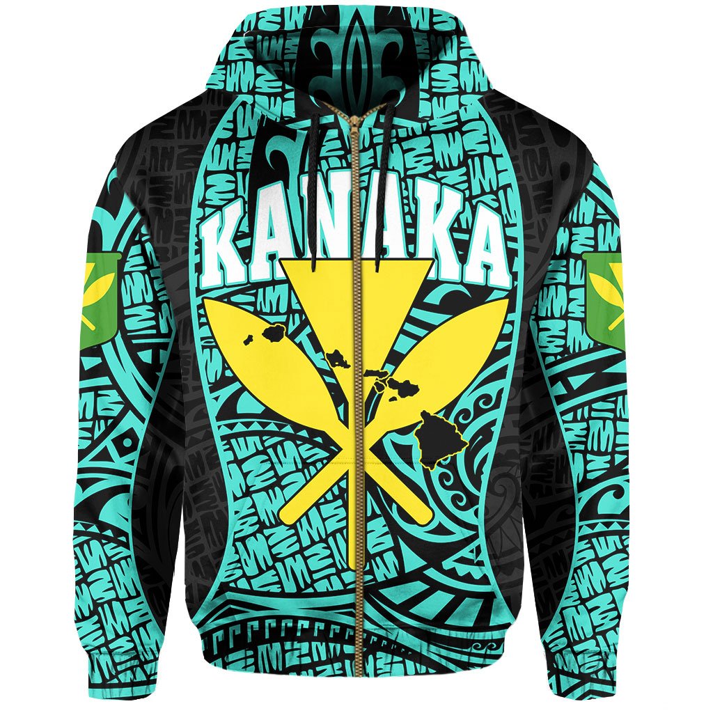 Polynesian Kanaka Maoli Hawaii Zip Hoodie Turquoise Gel Style - Polynesian Pride