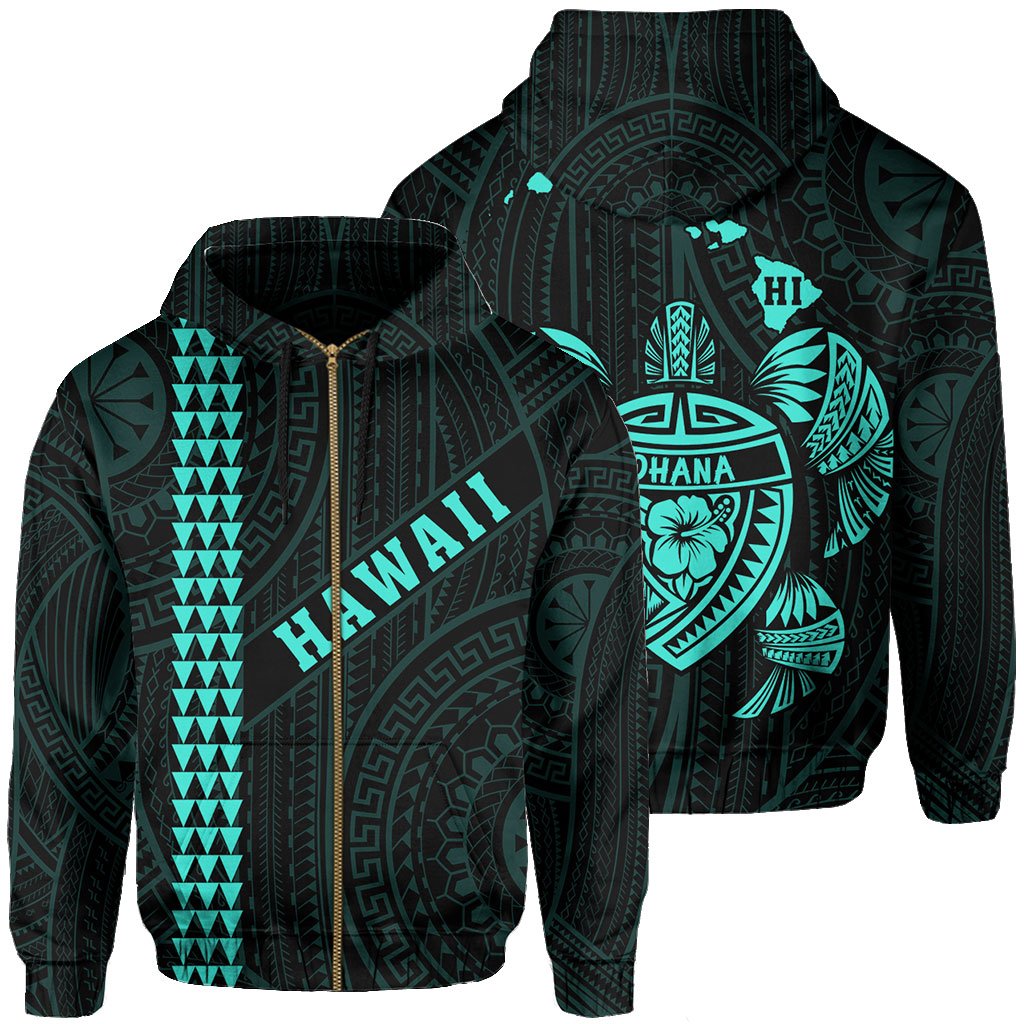 Polynesian Kakau Turtle Ohana Map of Hawaii Zip Hoodie Turquoise Unisex Turquoise - Polynesian Pride