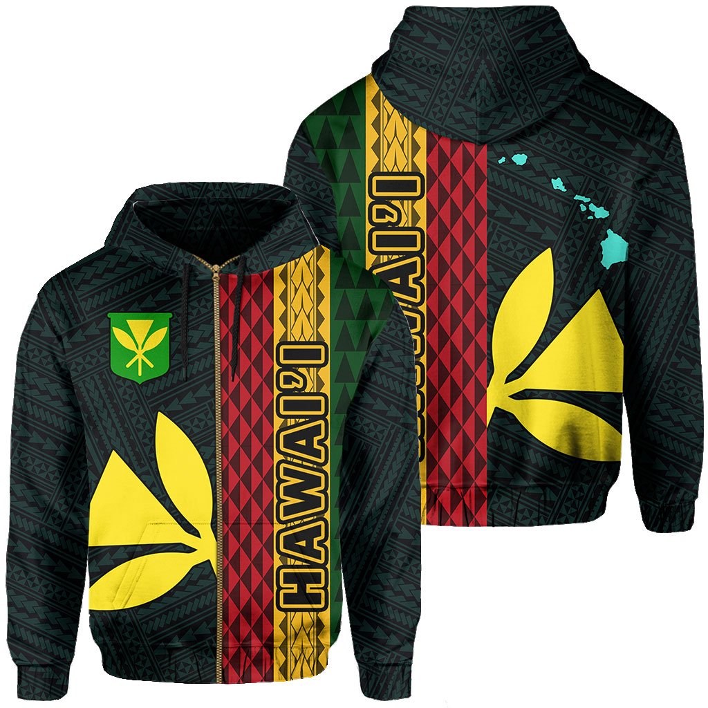 Polynesian Kakau Kanaka Flag Map of Hawaii Zip Hoodie Turquoise Unisex Turquoise - Polynesian Pride