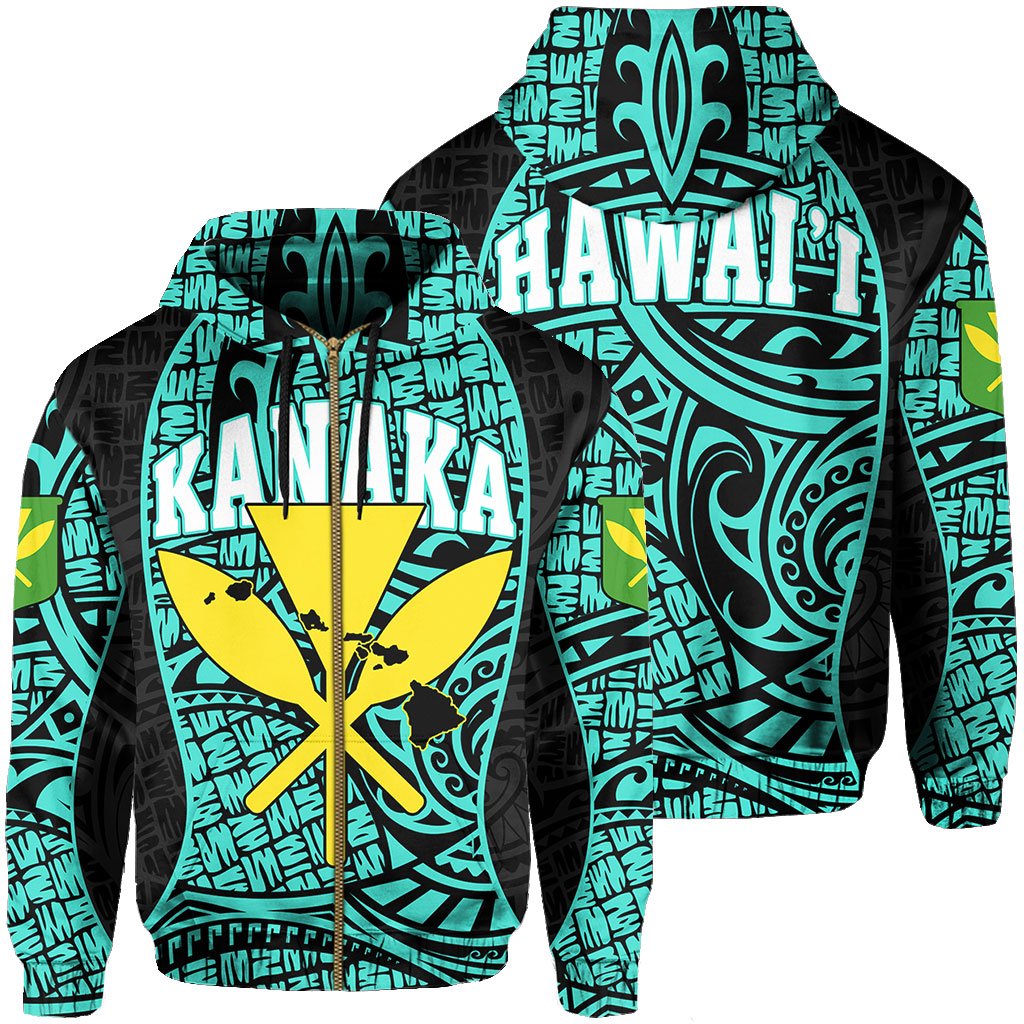 Polynesian Kanaka Maoli Hawaii Zip Hoodie Turquoise Gel Style Unisex Turquoise - Polynesian Pride