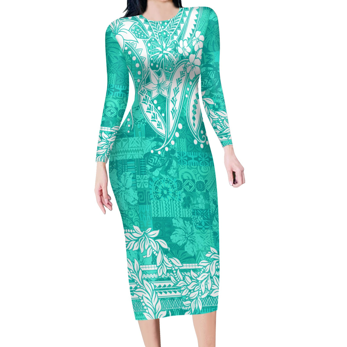 Polynesian Long Sleeves Bodycon Dress Tapa Plumeria Style - Turquoise LT7 Polyester spandex Turquoise - Polynesian Pride