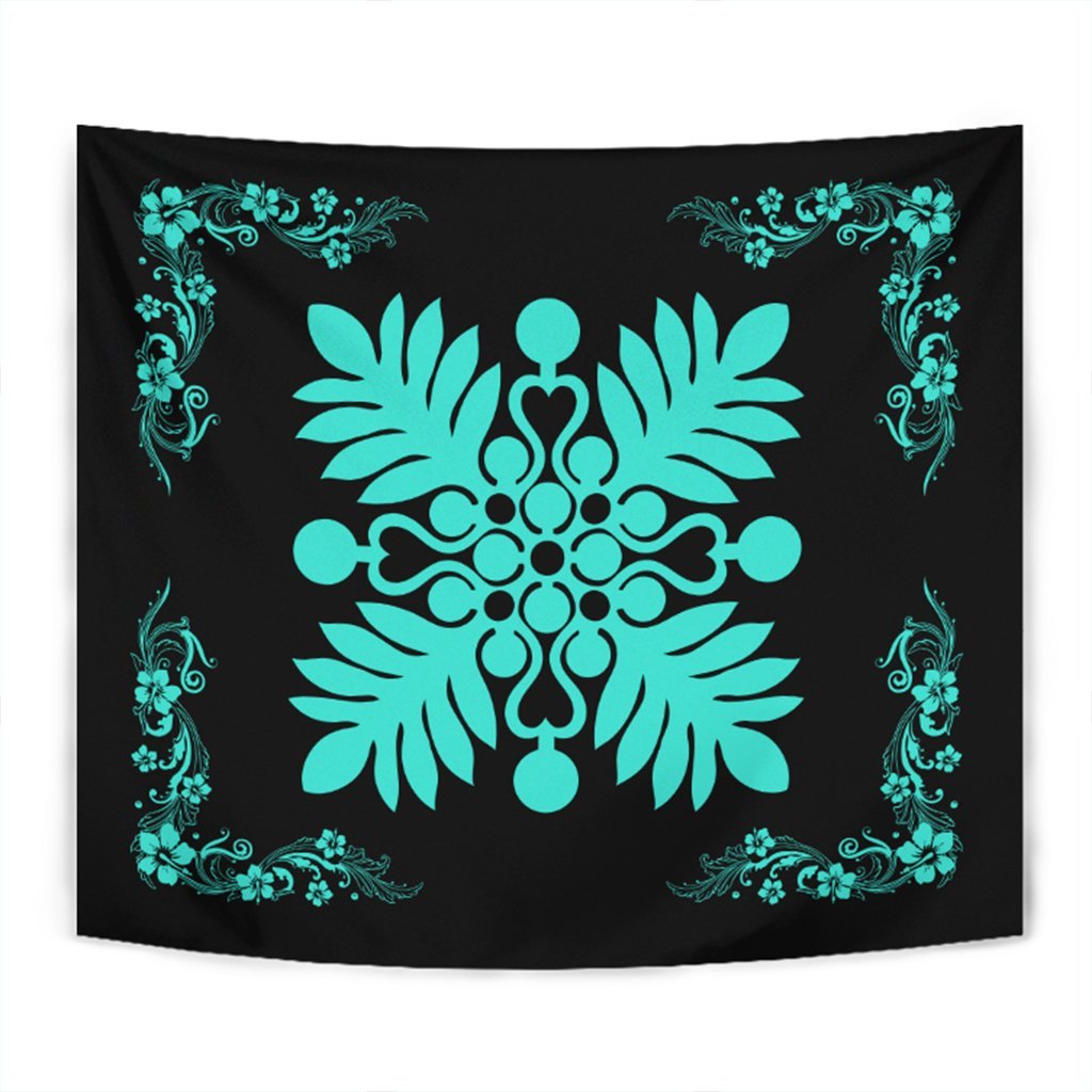 Hawaiian Quilt Maui Plant And Hibiscus Tappestry - Turquoise Black - AH Wall Tapestry Turquoise - Polynesian Pride