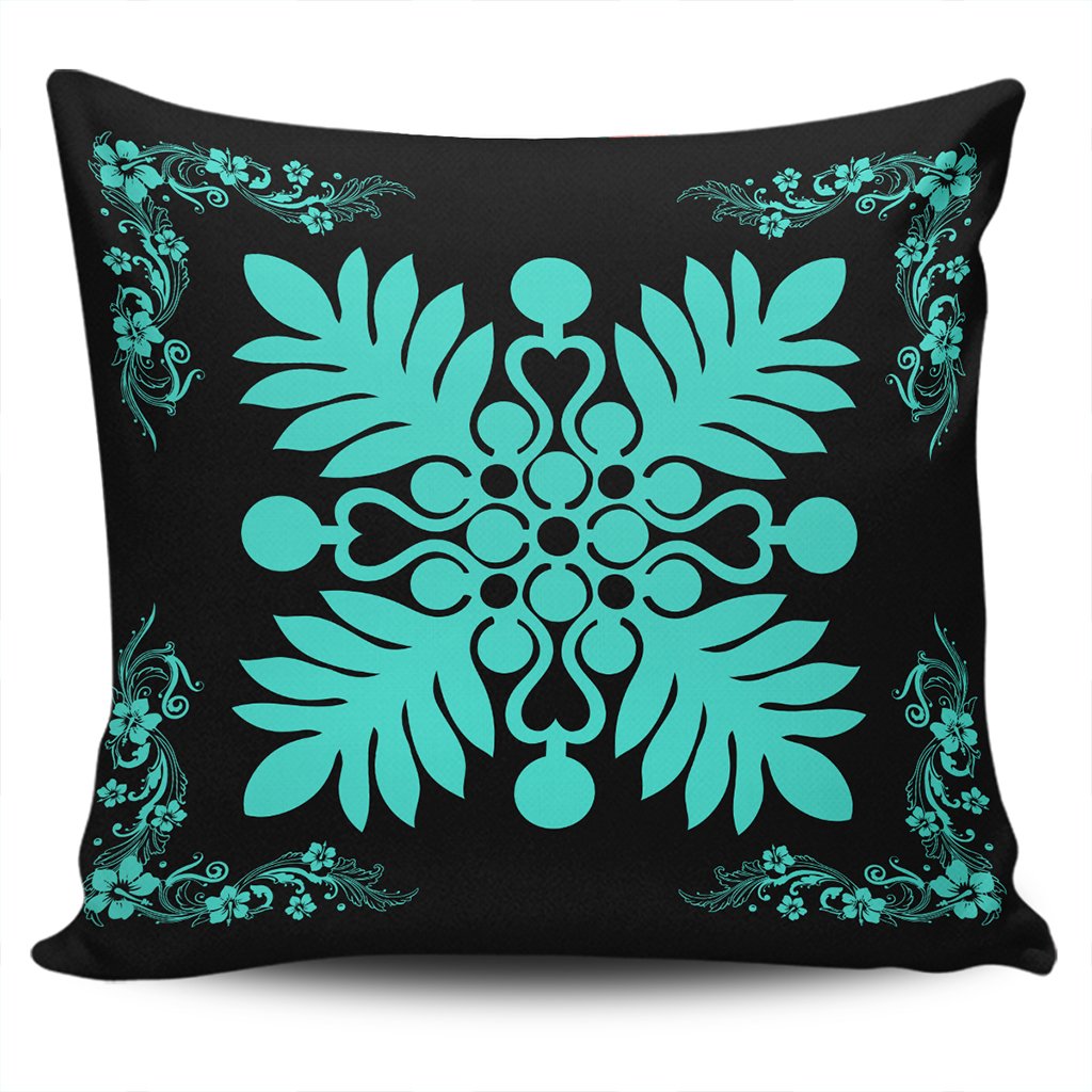 Hawaiian Quilt Maui Plant And Hibiscus Pattern Pillow Covers - Turquoise Black - AH One Size Turquoise - Polynesian Pride