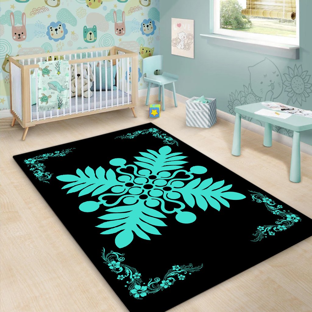Hawaiian Quilt Maui Plant And Hibiscus Pattern Area Rug - Turquoise Black - AH - Polynesian Pride