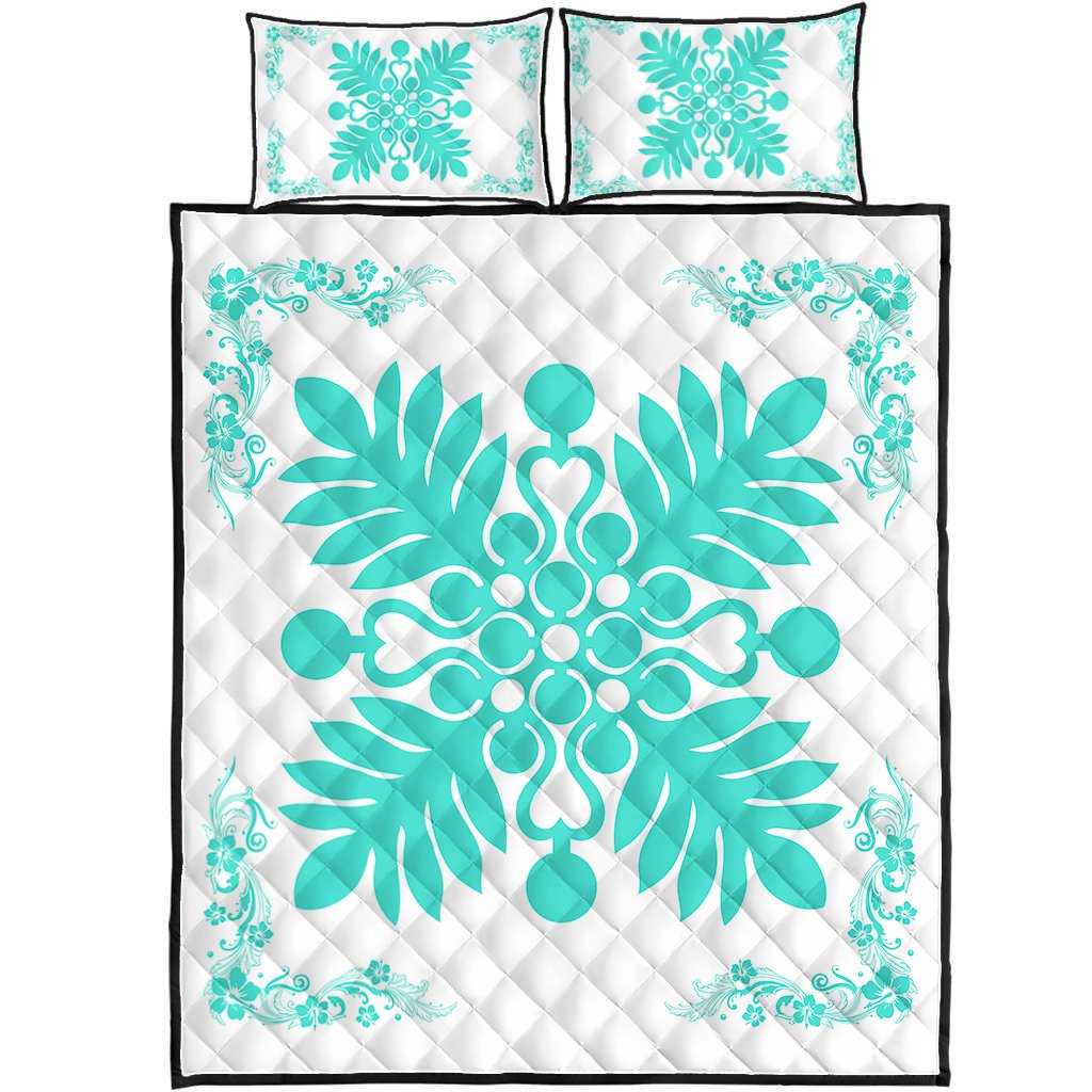 Hawaiian Quilt Maui Plant And Hibiscus Pattern Quilt Bed Set - Turquoise White - AH Turquoise - Polynesian Pride