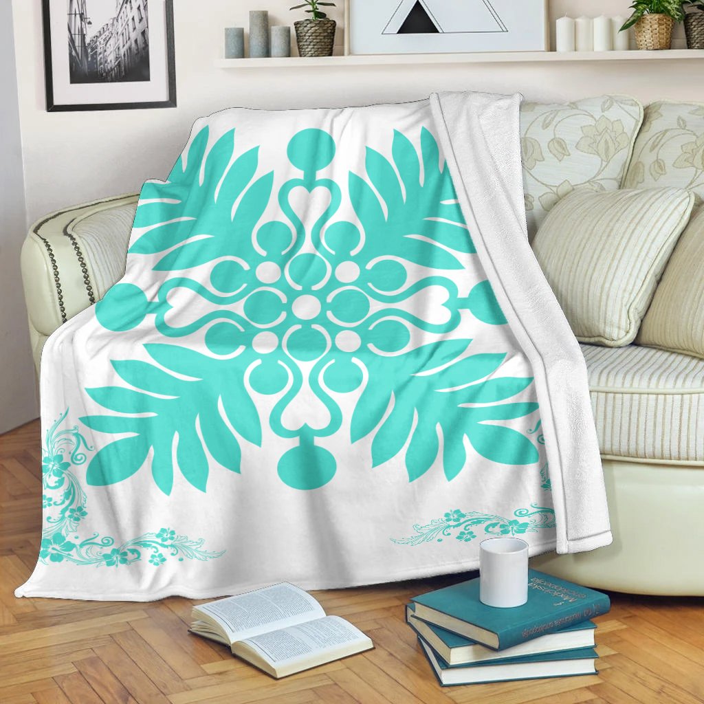 Hawaiian Quilt Maui Plant And Hibiscus Premium Blanket - Turquoise White - AH White - Polynesian Pride