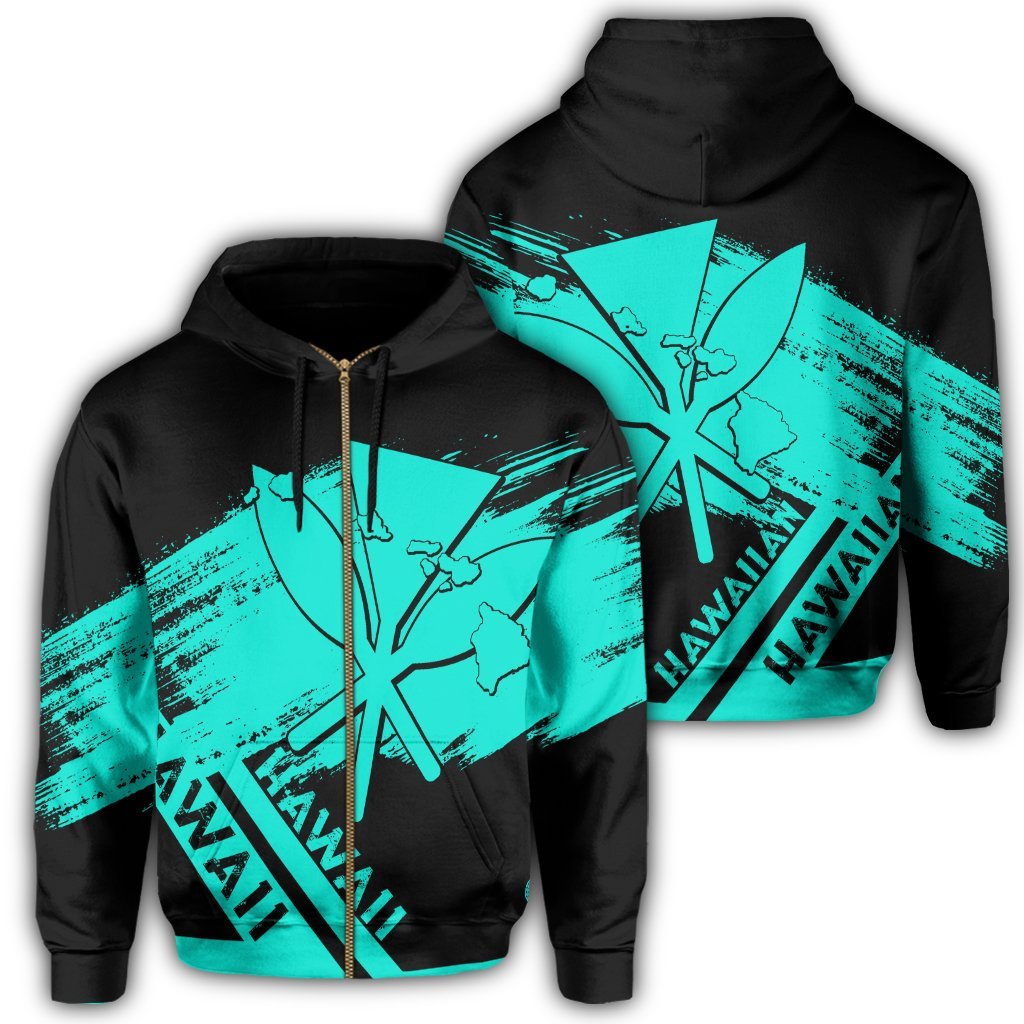 Hawaiian Map Kanaka Identifier Hoodie Zip Turquoise Brusch Style Unisex Turquoise - Polynesian Pride