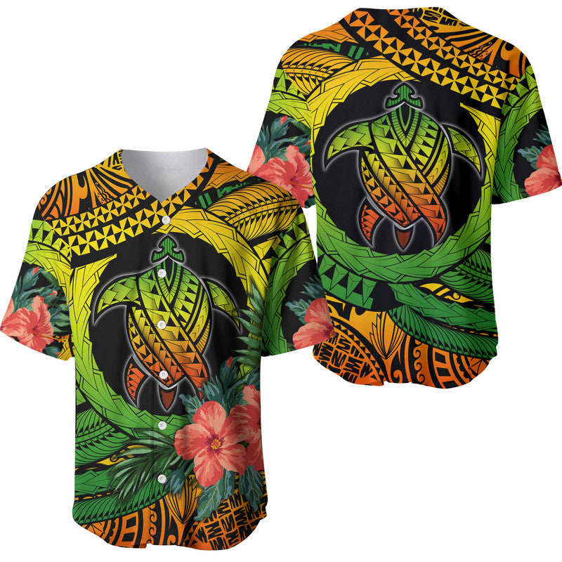 Polynesian Turtle Baseball Jersey Circle Turtle Hibiscus Reggae LT9 Reggae - Polynesian Pride