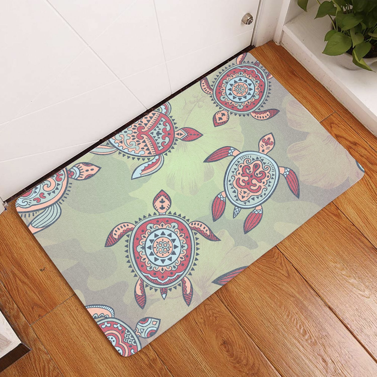 Turtle Colorful Hibiscus Backgorund Door Mat AH Door Mat Black - Polynesian Pride