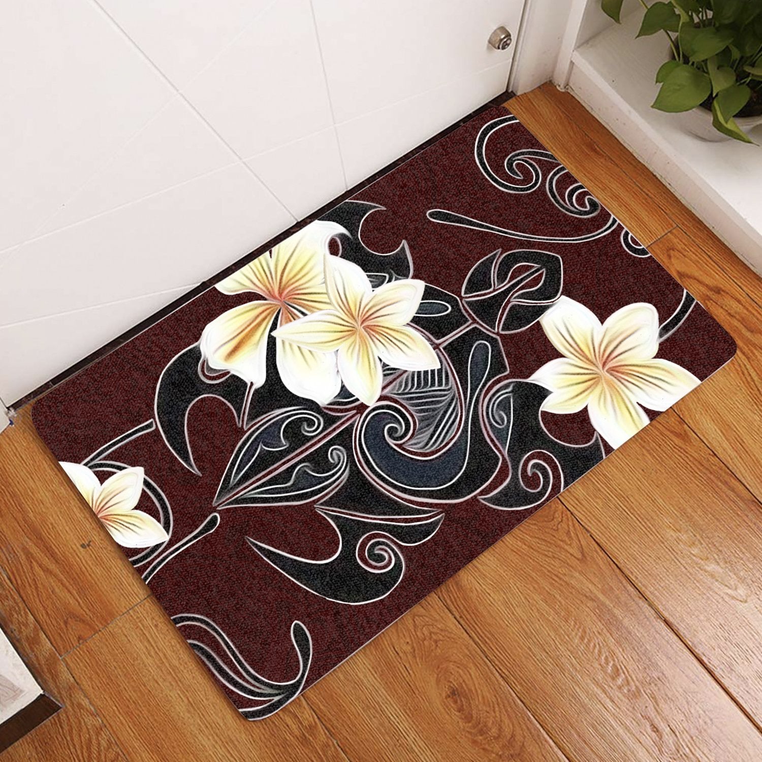 Turtle Poly Trinal Plumeria Red Door Mat AH Door Mat Red - Polynesian Pride