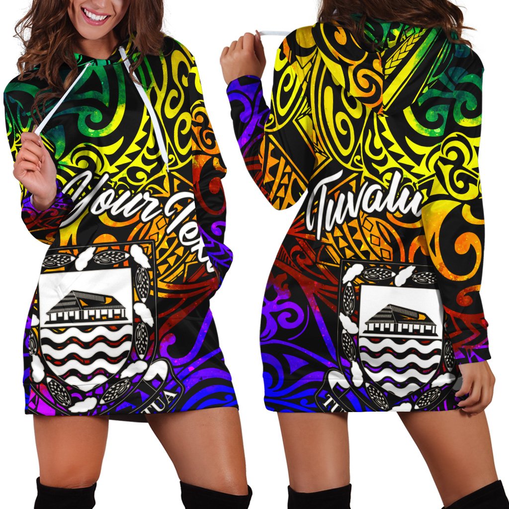 Tuvalu Custom Personalised Hoodie Dress - Rainbow Polynesian Pattern Rainbow - Polynesian Pride