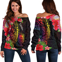 Tuvalu Women's Off Shoulder Sweater - Tropical Hippie Style Black - Polynesian Pride