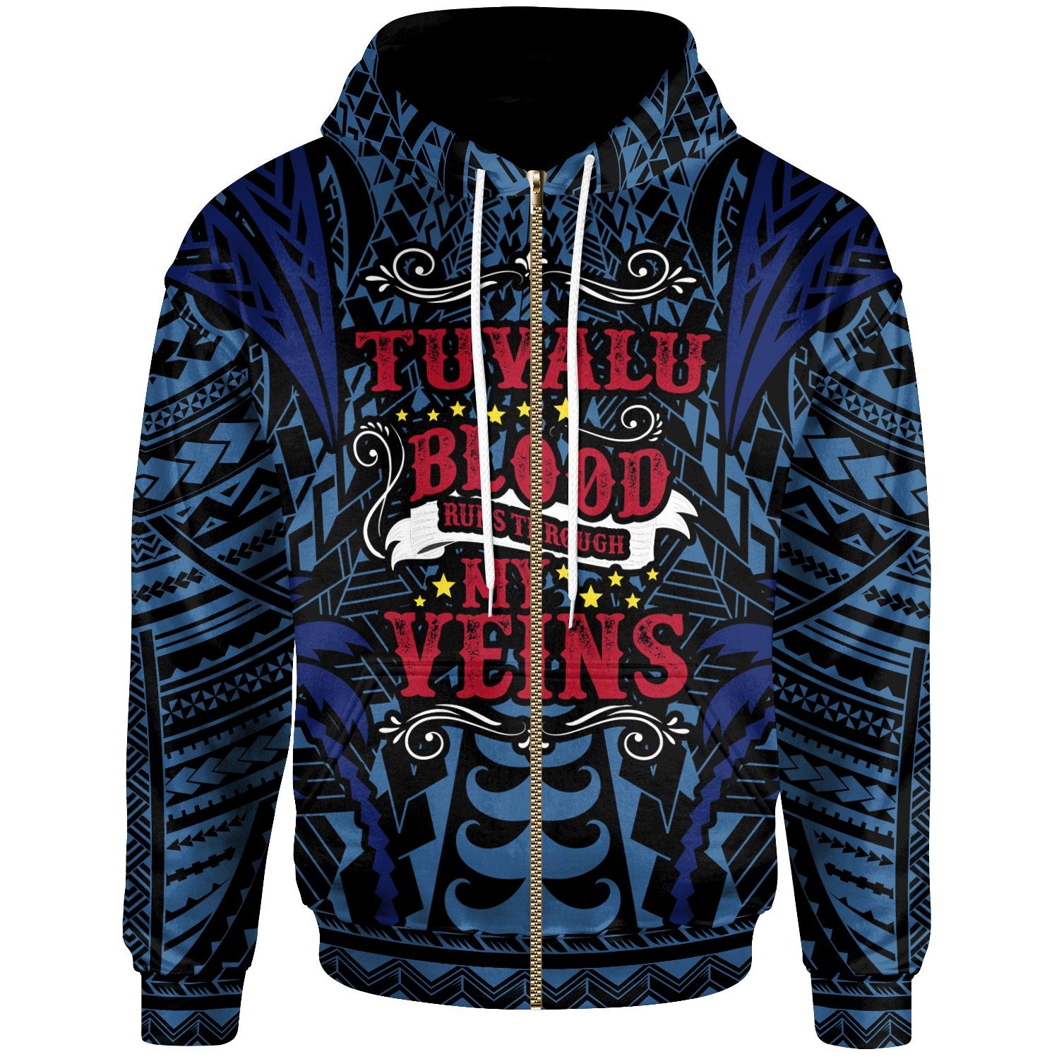 Tuvalu Zip up Hoodie Blood Runs Through My Veins Style Flag Unisex Blue - Polynesian Pride