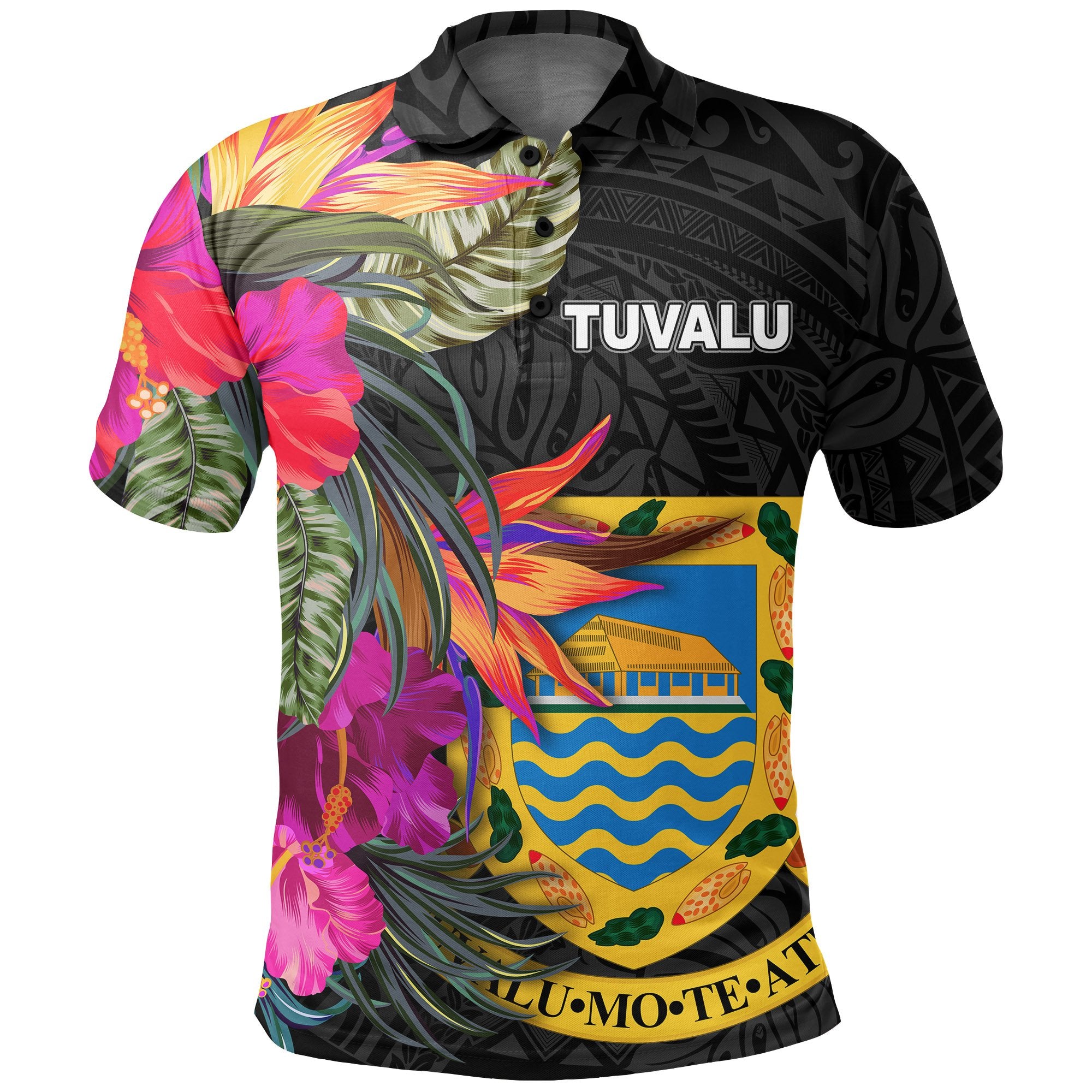 Tuvalu Polo Shirt Hibiscus Polynesian Pattern Unisex Black - Polynesian Pride