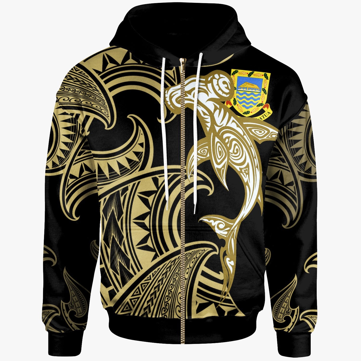 Tuvalu Zip up Hoodie Hammerhead Shark Tribal Pattern Unisex Gold - Polynesian Pride