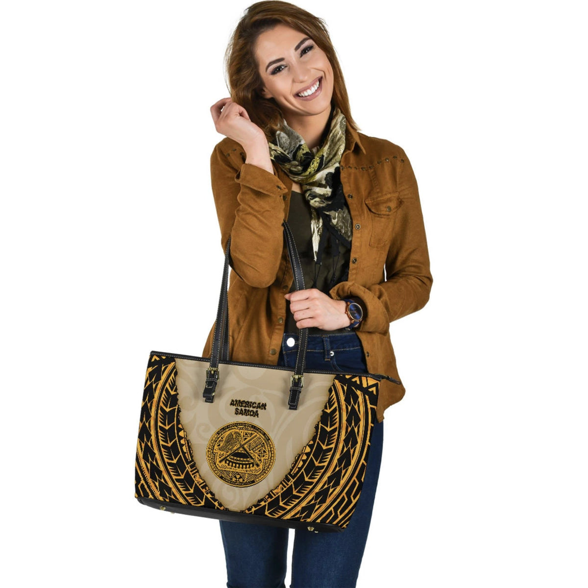 American Samoa Large Leather Tote Bag - Polynesian Wild Style - Polynesian Pride