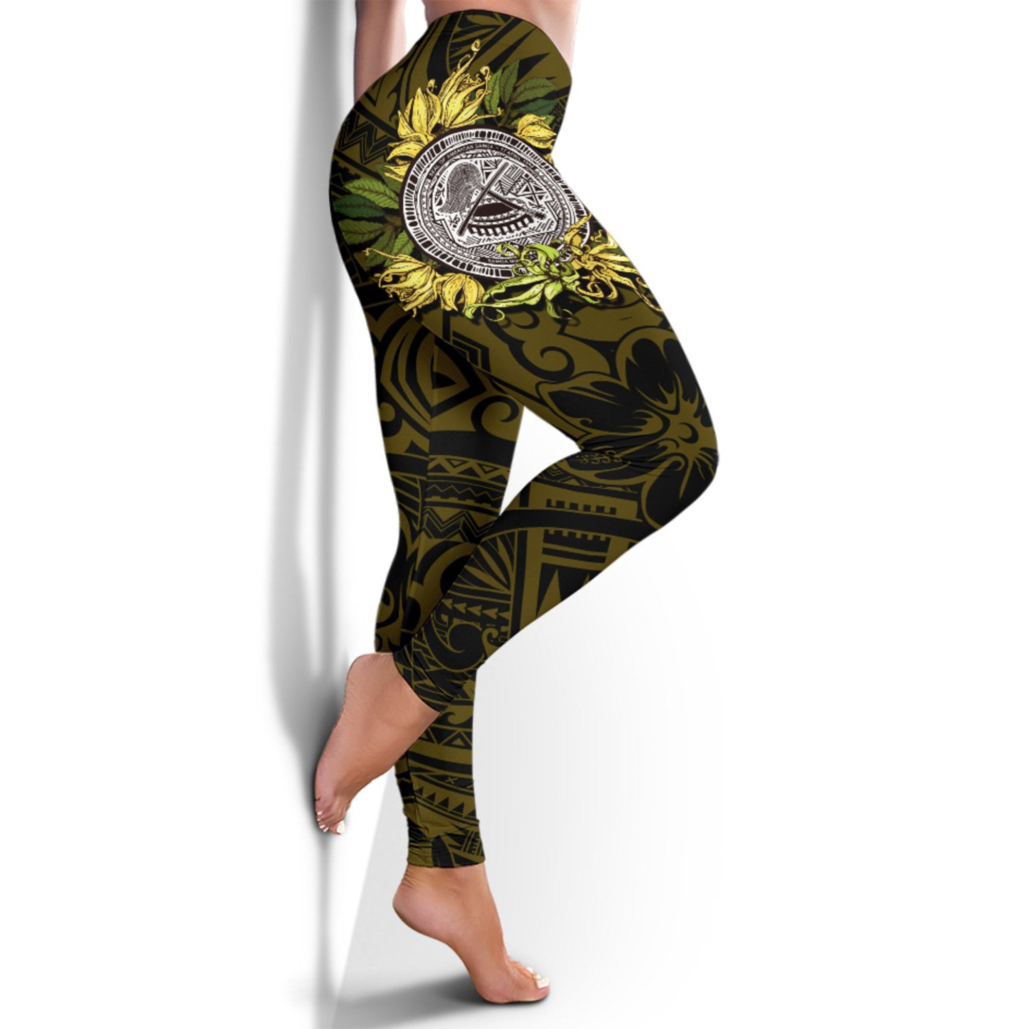 American samoa Women's Leggings Ylang Ylang Flowers Black - Polynesian Pride