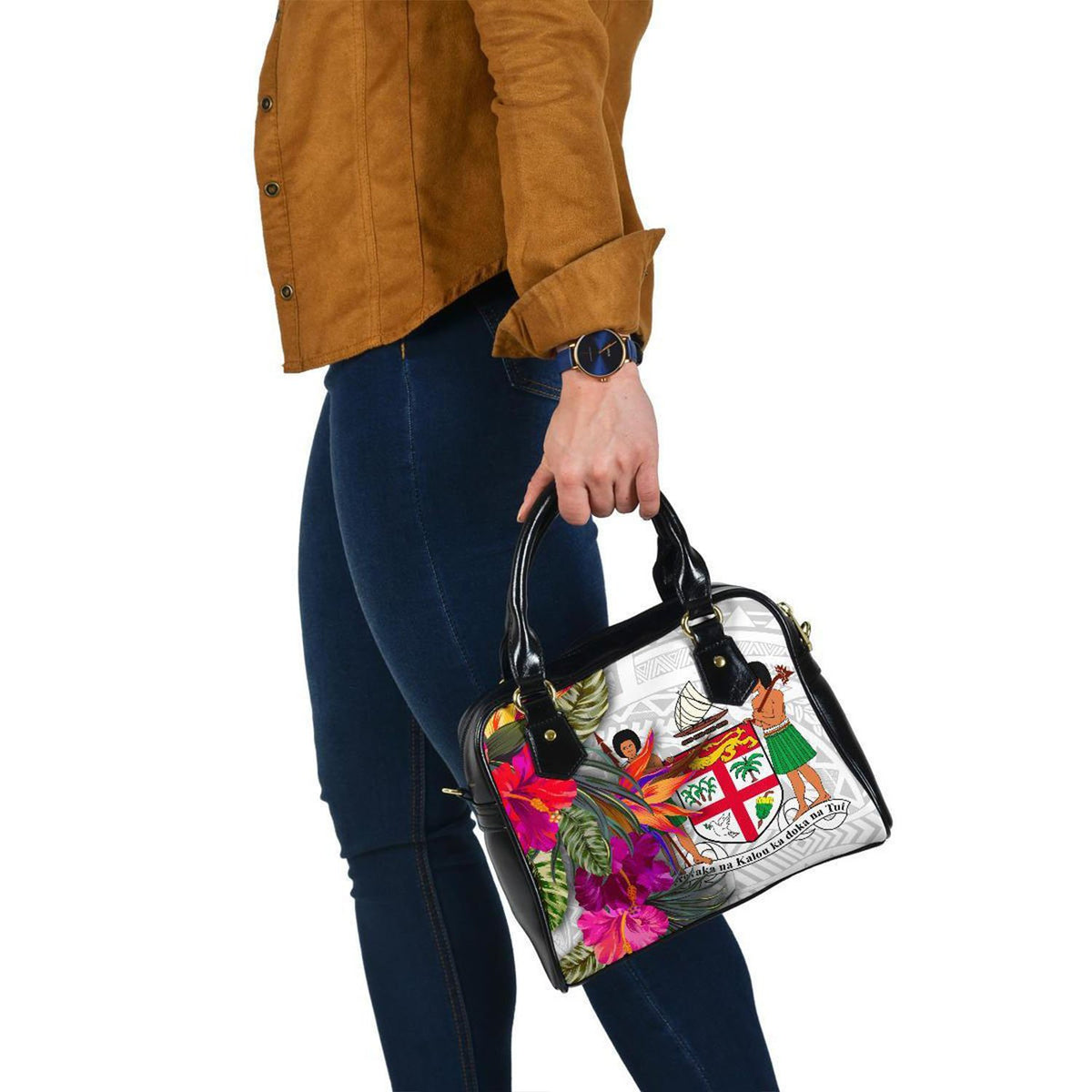 Fiji Polynesian Shoulder Handbag - Hibiscus White Pattern - Polynesian Pride
