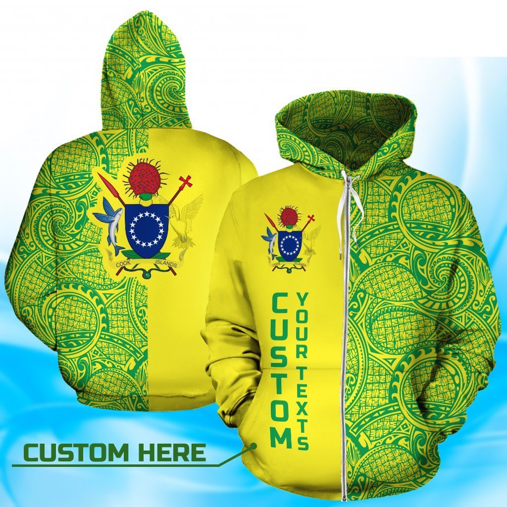 Cook Islands Custom Zip up Hoodie Cook Islands Coat of Arms Polynesian Tattoo Half Style TH0 Unisex Yellow - Polynesian Pride