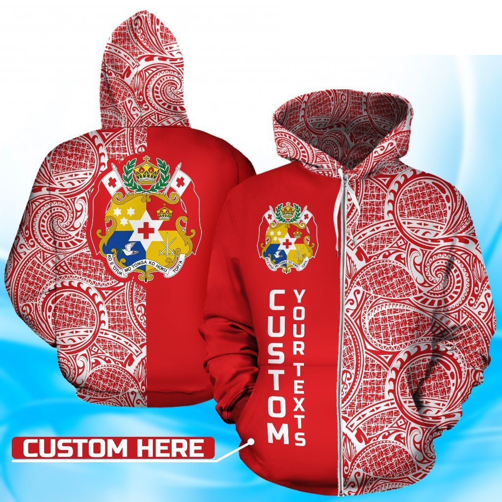 Tonga Custom Zip up Hoodie Tonga Coat of Arms Polynesian Tattoo Half Style TH0 Unisex Red - Polynesian Pride