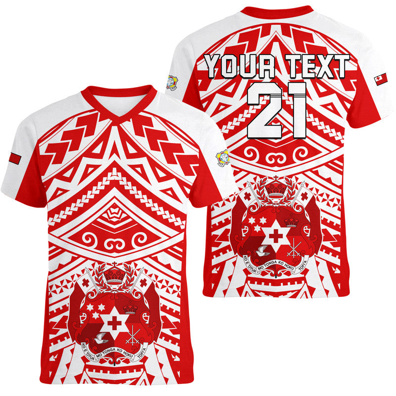 (Custom Text And Number) Tonga Rugby Sevens V-Neck T Shirt Coat of Arms Tribal Polynesian Pattern LT9 - Polynesian Pride