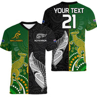 (Custom Personalised) Aotearoa Rugby All Black Combine Australia Wallabies V-Neck T Shirt Aboriginal Kangaroo And Maori Fern LT9 - Polynesian Pride