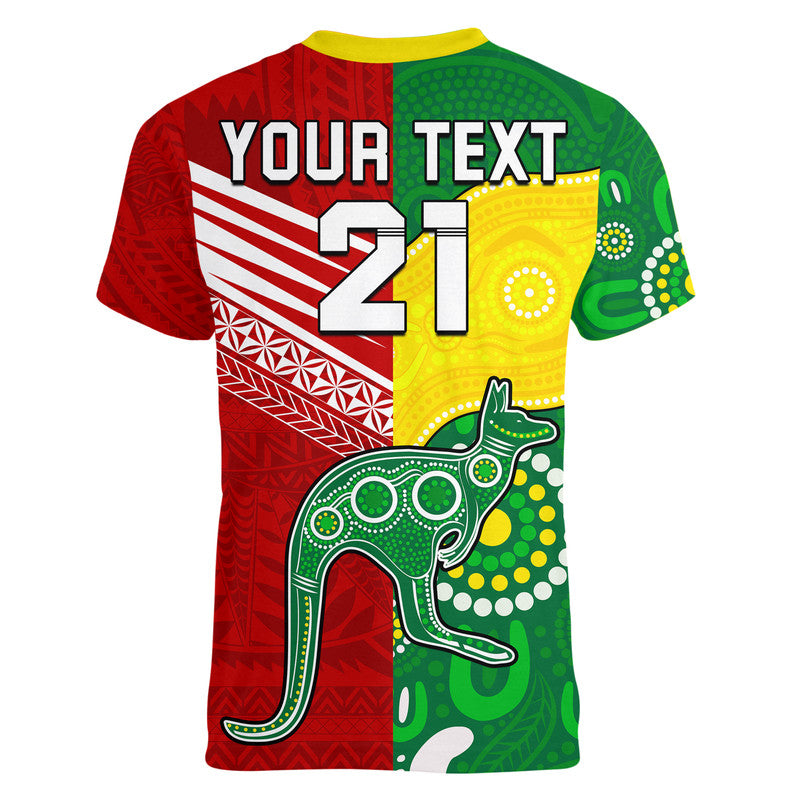 (Custom Personalised) Australia Kangaroos and Mate Maa Tonga V-Neck T Shirt No2 LT9 - Polynesian Pride