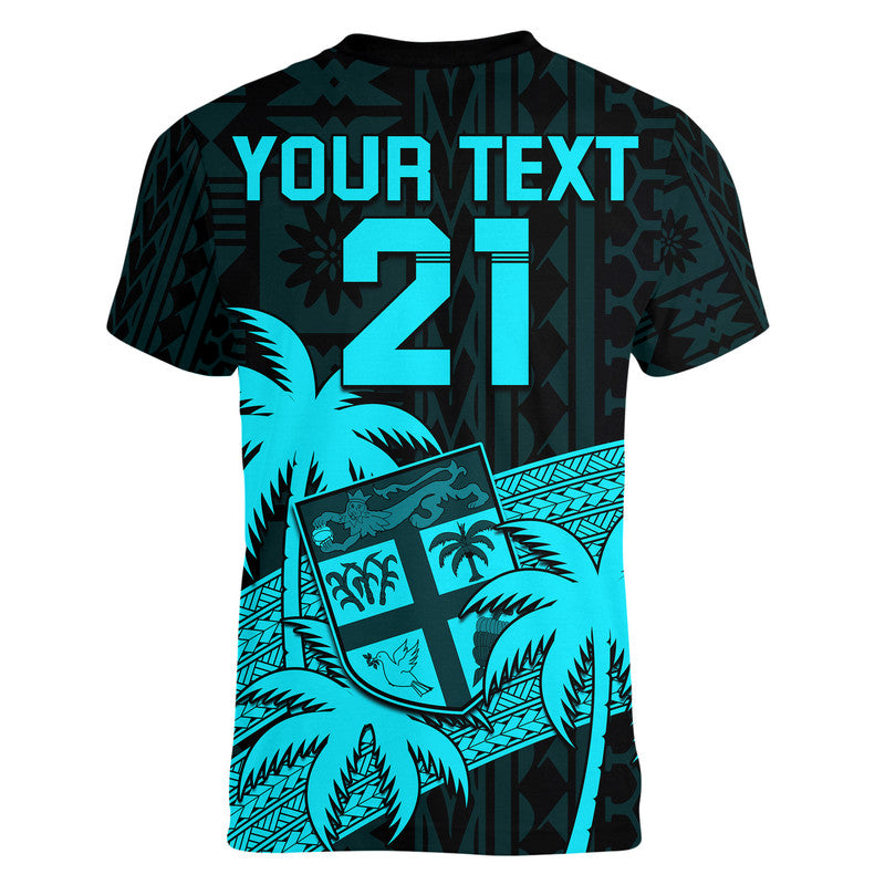 (Custom Personalised) Fiji Rugby Sevens V-Neck T Shirt Tapa Palm Tree and Fijian Coat of Arms LT9 - Polynesian Pride